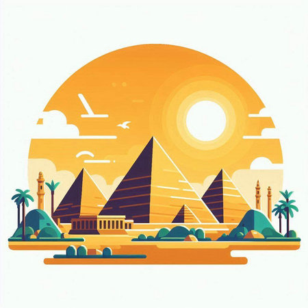 Vector illustration of egyptian pyramids at sunset. Flat style