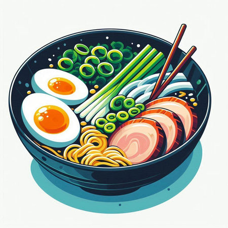 Noodles in a bowl. Japanese food. Vector illustration.