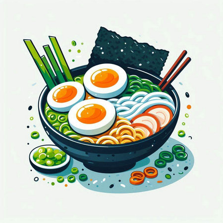 Illustration of a bowl of miso soup with egg and chopsticks