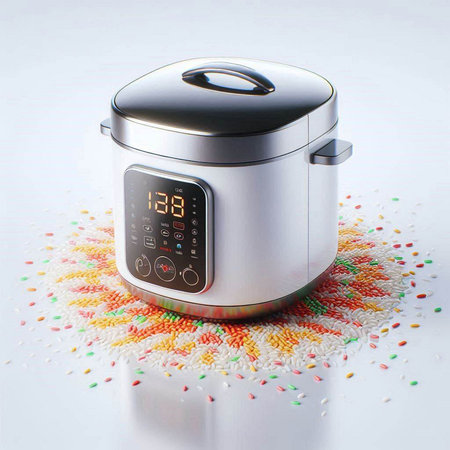Modern electric multi cooker with multicolor sprinkles on white background