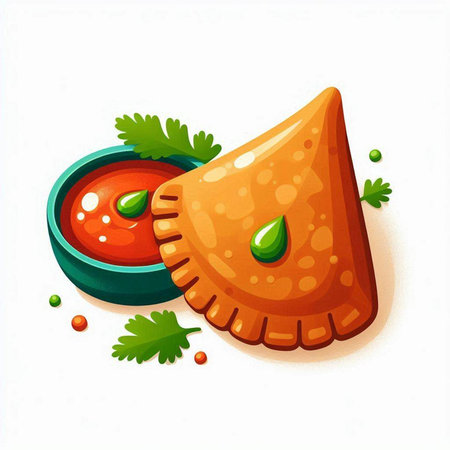 Illustration of Samosa with tomato sauce and parsley leaves.