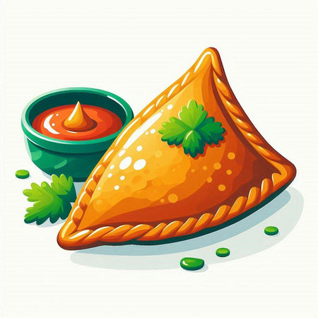 Illustration of samosas with tomato sauce and parsley.のイラスト素材