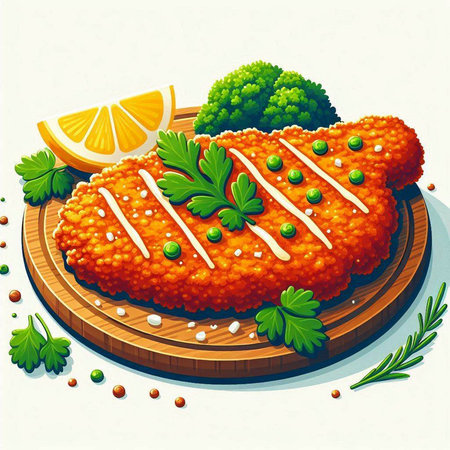 Illustration of fish fillet on wooden board with parsley and lemon