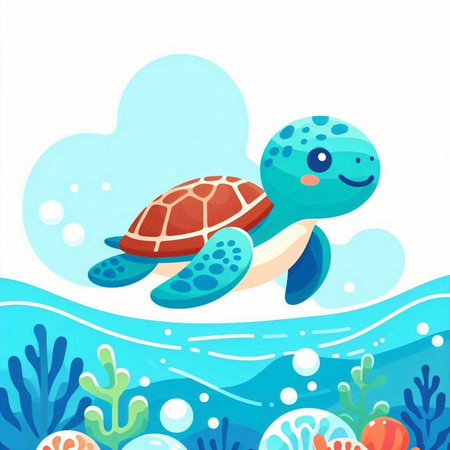 Cute cartoon turtle swimming in the sea. Vector illustration for kids.のイラスト素材