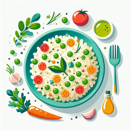Risotto with vegetables, herbs and olive oil. Vector illustrationのイラスト素材