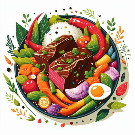Illustration of a plate with beef, rice, vegetables and eggsのイラスト素材