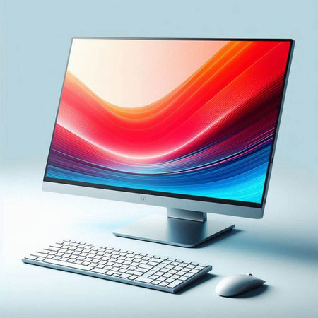 Computer monitor and keyboard on blue background. 3d render. Technology concept
