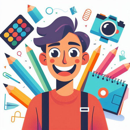 Vector illustration of young man with colorful pencils, camera and notebookのイラスト素材