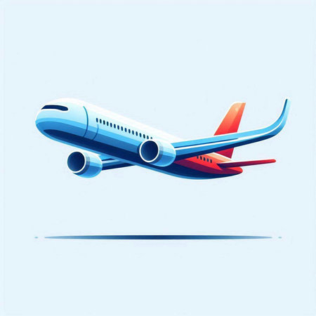 Airplane in blue and red colors on a blue background. Vector illustration