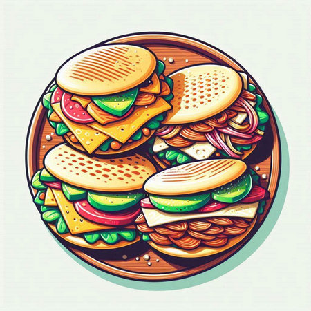Hamburgers on a wooden plate. Vector illustration of fast food.