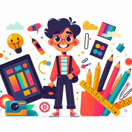 Cute boy with school supplies. Vector illustration in cartoon style.