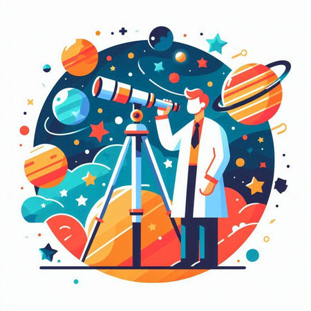 Astronaut with telescope on the background of the planet. Vector illustration