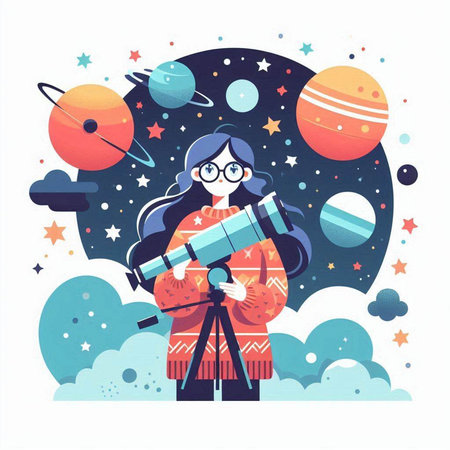 Vector illustration of a girl with a telescope in the outer space.のイラスト素材