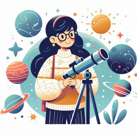 Girl with telescope in the space. Astronomy. Vector illustration.のイラスト素材