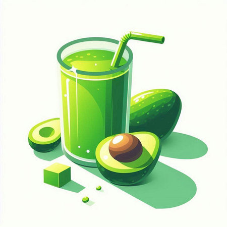 Avocado smoothie in a glass with a straw. Vector illustration.