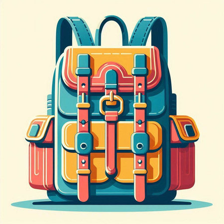 Vector illustration of a backpack in retro style. Colorful vector illustration.