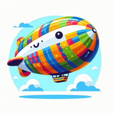 Cartoon airship in the sky. Colorful vector illustration.