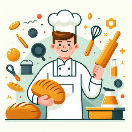 Baker with bread and bakery tools. Vector illustration in flat style
