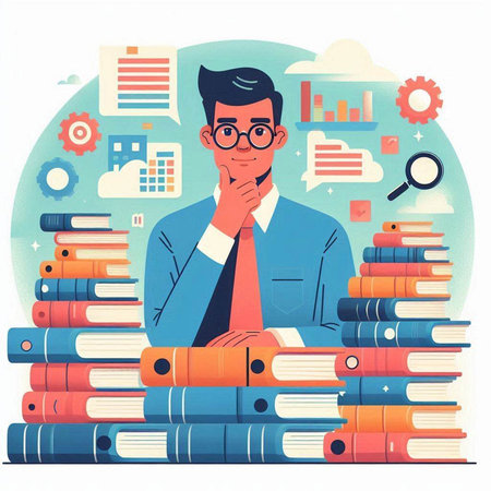 Businessman thinking in front of a pile of books. Vector illustration.のイラスト素材