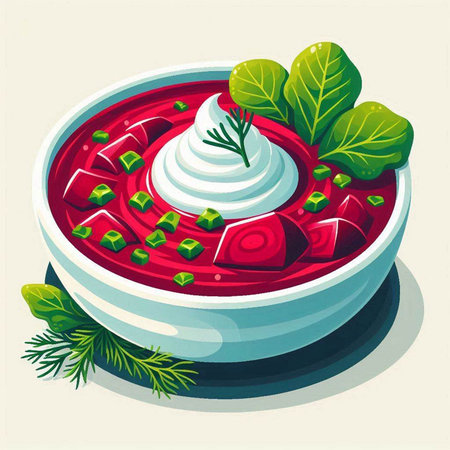 Vector illustration of a bowl of borscht with sour cream and herbs
