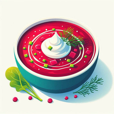 Vector illustration of a bowl of borscht with sour cream and dill