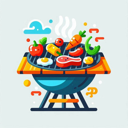 Barbecue grill with meat and vegetables. Flat style vector illustration.のイラスト素材