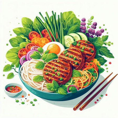 Bowl of Asian noodles with meat and vegetables. Vector illustration.