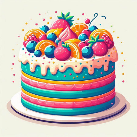 Birthday cake with berries. Vector illustration in a flat style.