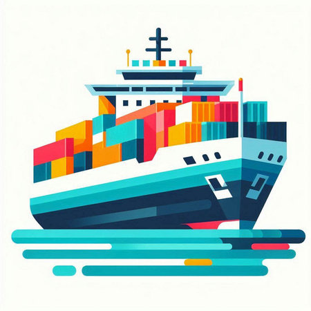 Cargo ship in the sea. Freight transportation. Vector illustration