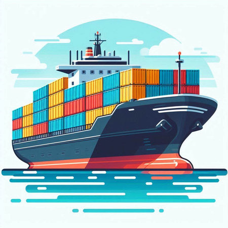 Cargo ship in the sea. Freight transportation. Vector illustration