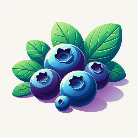 Blueberries with green leaves on a white background. Vector illustration.
