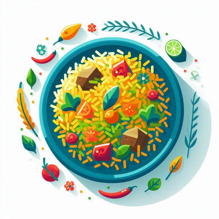 Pilaf in a blue plate with vegetables and herbs. Vector illustration.