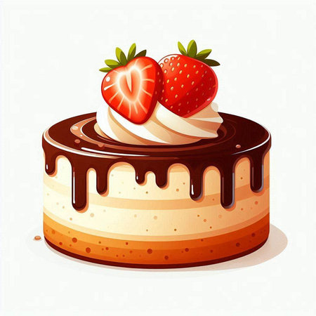 Chocolate cake with strawberries on a white background. Vector illustration.