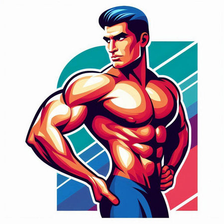 Bodybuilder posing with his hands on his hips. Vector illustration.のイラスト素材