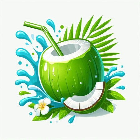 Coconut water splash with fruits and leaves. Vector illustration.のイラスト素材