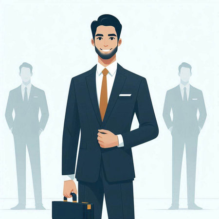 Businessman with briefcase standing in front of his team. Vector illustration.のイラスト素材