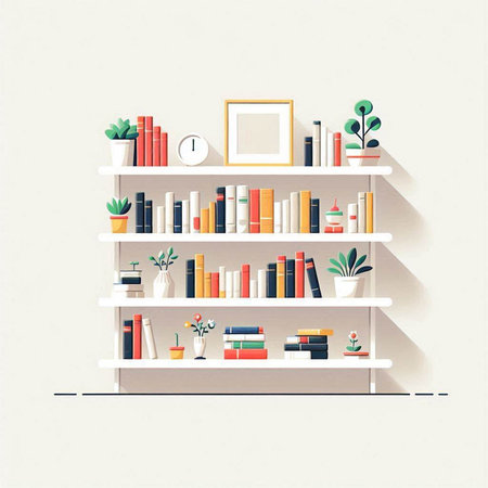 Bookshelf with books and decorations. Flat style vector illustration.