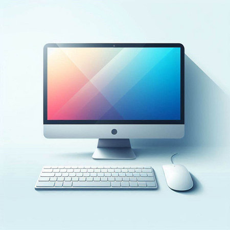 Computer monitor with keyboard and mouse on blue background. Vector illustration.