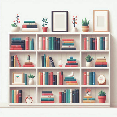 Bookshelves with books and decorations on white wall. Vector illustration.のイラスト素材
