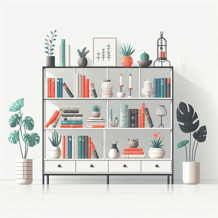 Bookshelf with books and plants. Vector illustration in flat styleのイラスト素材
