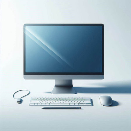 Computer with blank screen and mouse on white background. 3D rendering