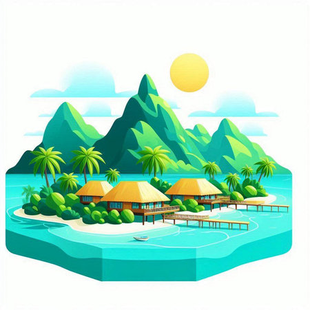 tropical island with bungalows and palm trees. vector illustrationのイラスト素材