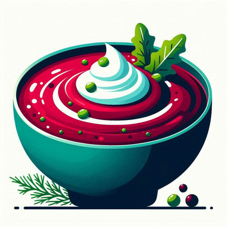 Vector illustration of a bowl of beetroot soup with sour cream and greensのイラスト素材