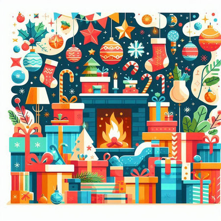 Christmas and New Year background with fireplace, presents and decorations. Vector illustration.のイラスト素材