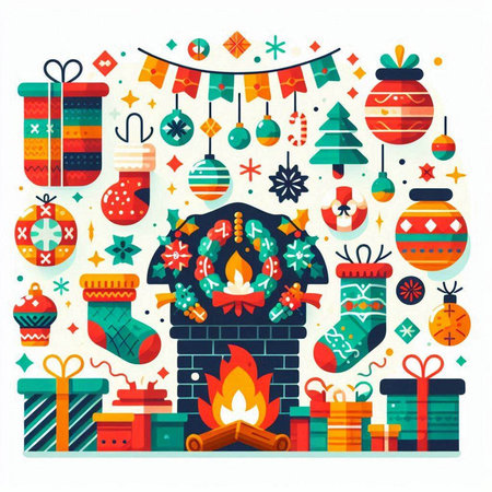 Christmas and New Year background with fireplace. Vector illustration in flat styleのイラスト素材