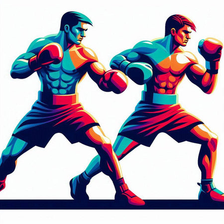 Boxing. Two men in red and blue gloves. Vector illustration.