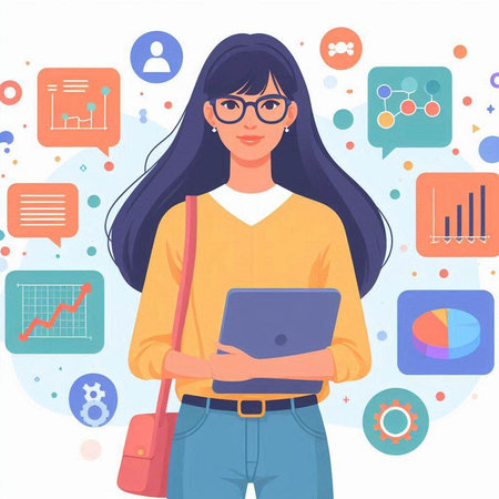 Young woman holding a laptop in her hands. Vector illustration in flat style.のイラスト素材