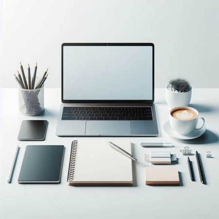 Top view of modern workplace with blank laptop, coffee cup, stationery and other items. Mock up