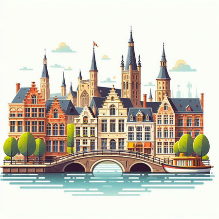 Bruges, Belgium. Landmark of Europe. Vector illustrationのイラスト素材