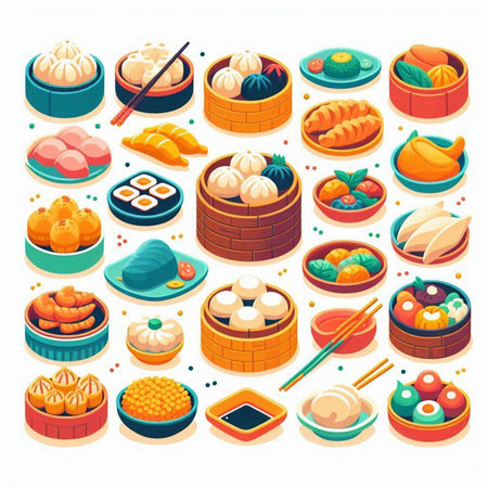 Basket of steamed dumplings icons set, isometric styleのイラスト素材